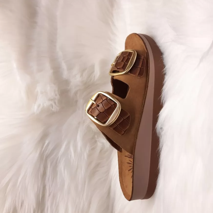 Donna CAMARRI CALZATURE Scarpe Donna | Ciabatta Doppia Fibbia In Pelle Cocco Cognac