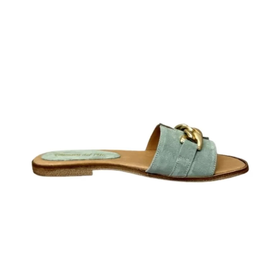 Donna CAMARRI CALZATURE Scarpe Donna | Ciabatta In Camoscio Salvia Con Catena