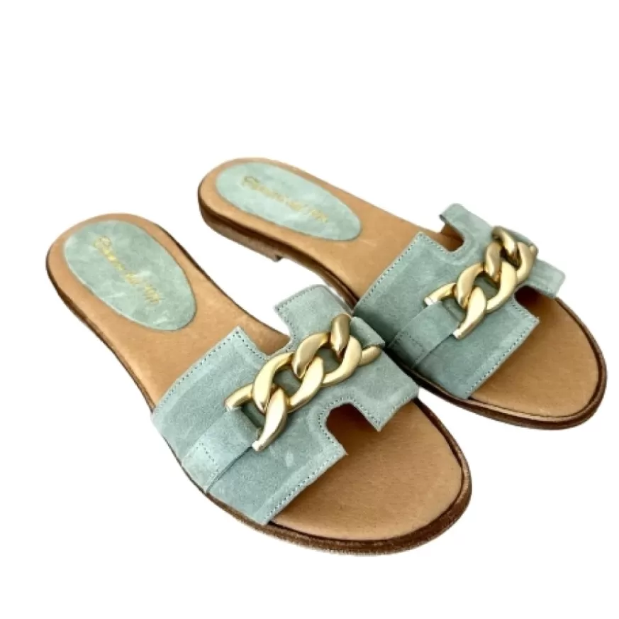 Donna CAMARRI CALZATURE Scarpe Donna | Ciabatta In Camoscio Salvia Con Catena