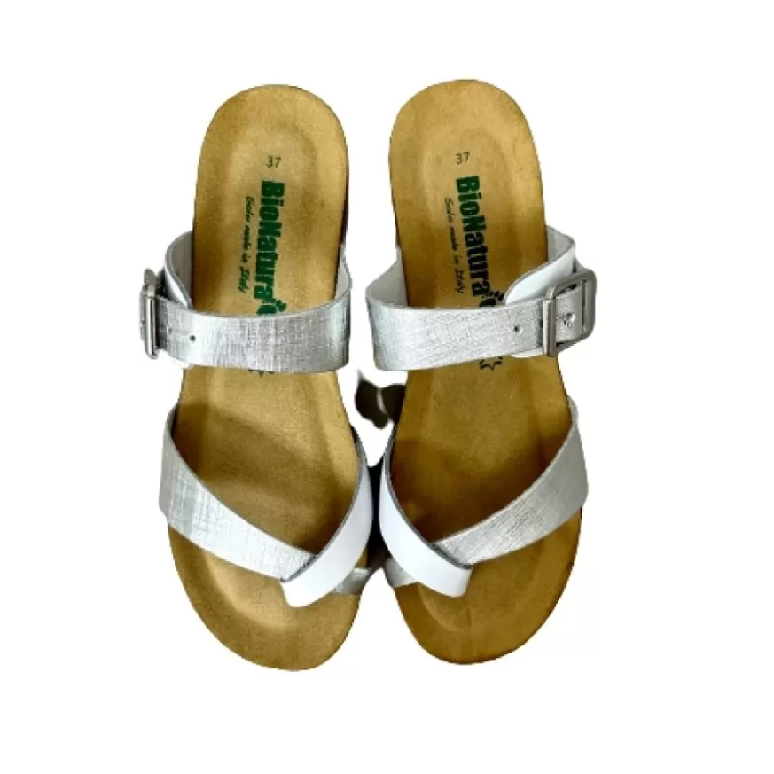 Donna CAMARRI CALZATURE Scarpe Donna | Ciabatta Infradito Bionatura In Pelle Bianca E Argento