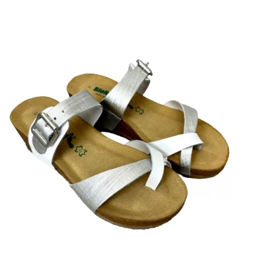 Donna CAMARRI CALZATURE Scarpe Donna | Ciabatta Infradito Bionatura In Pelle Bianca E Argento