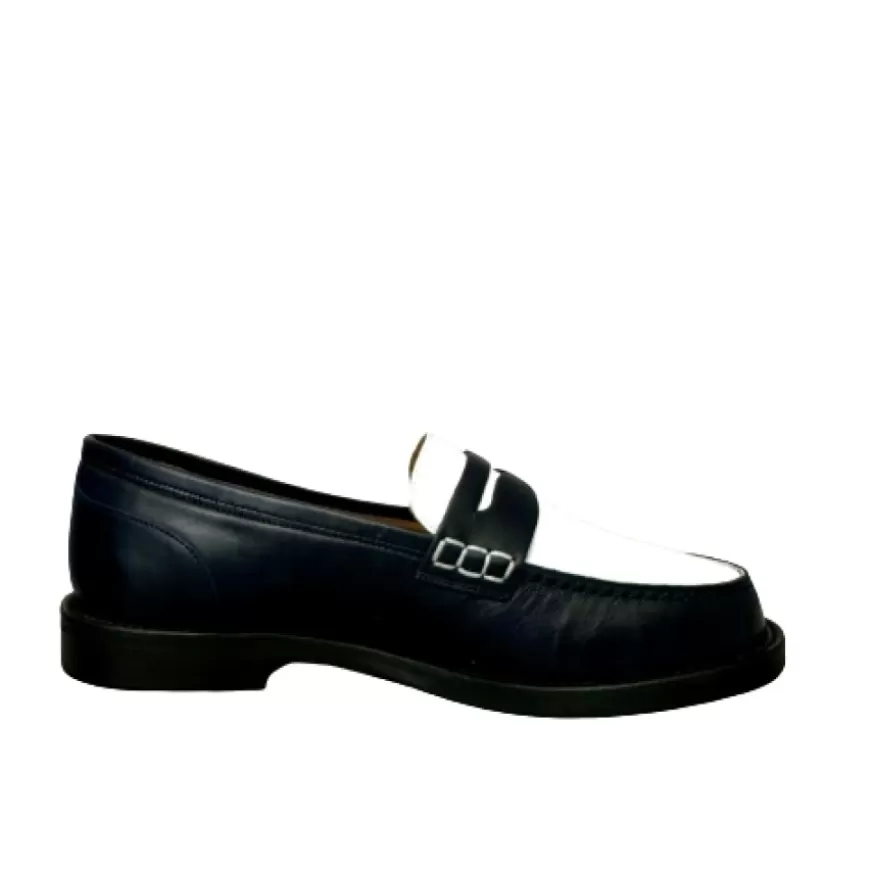 Donna CAMARRI CALZATURE Scarpe Donna | Mocassino Artigianale Cucito In Pelle Bianca E Blu