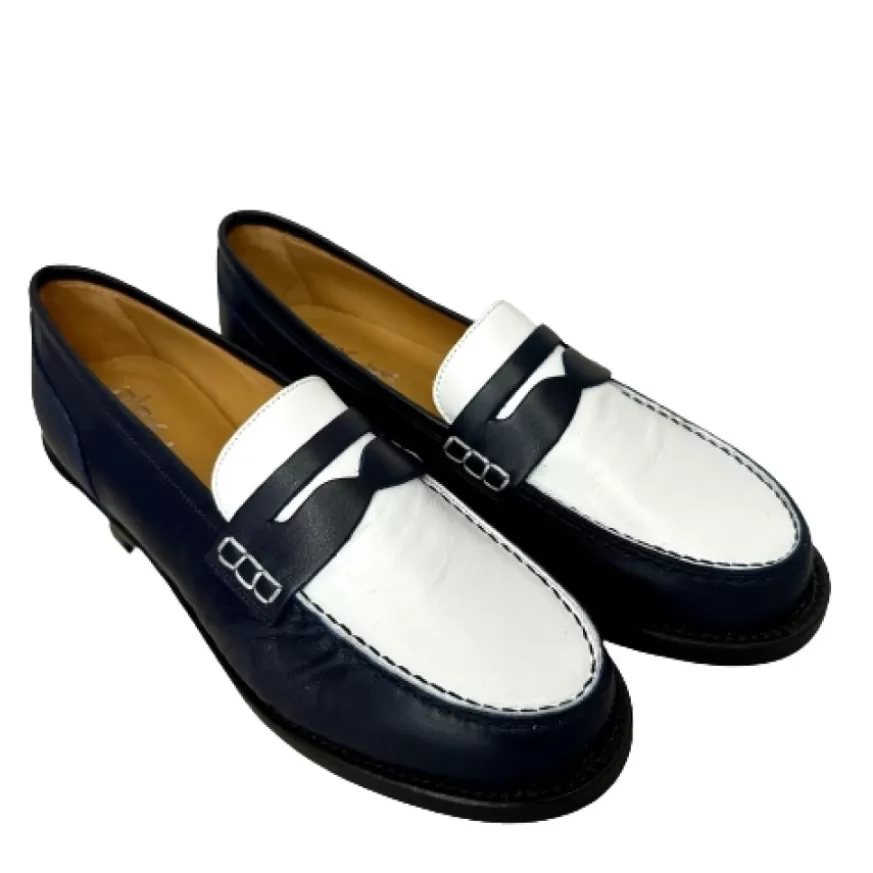 Donna CAMARRI CALZATURE Scarpe Donna | Mocassino Artigianale Cucito In Pelle Bianca E Blu