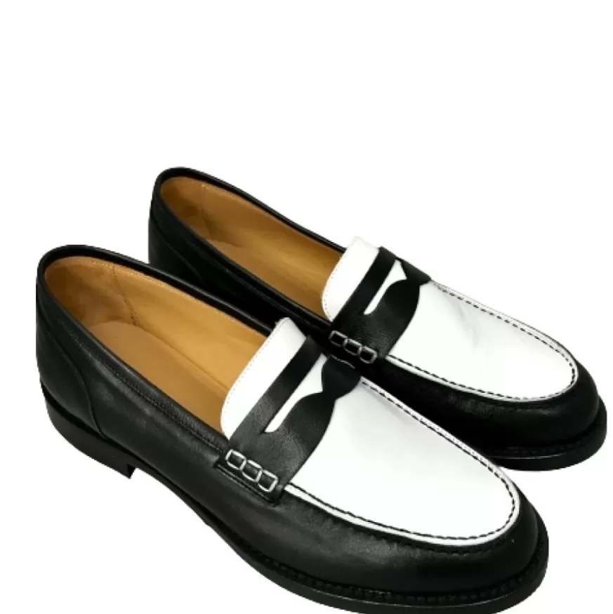 Donna CAMARRI CALZATURE Scarpe Donna | Mocassino Artigianale Cucito In Pelle Bianca E Nera