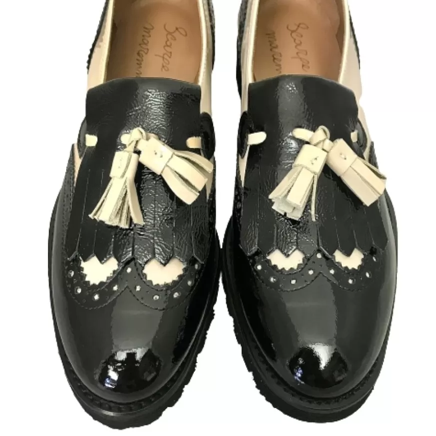 Donna CAMARRI CALZATURE Scarpe Donna | Mocassino In Vernice Nera E Latte