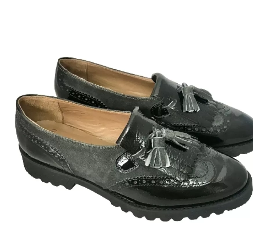 Donna CAMARRI CALZATURE Scarpe Donna | Mocassino Vernice Nera E Camoscio Antracite