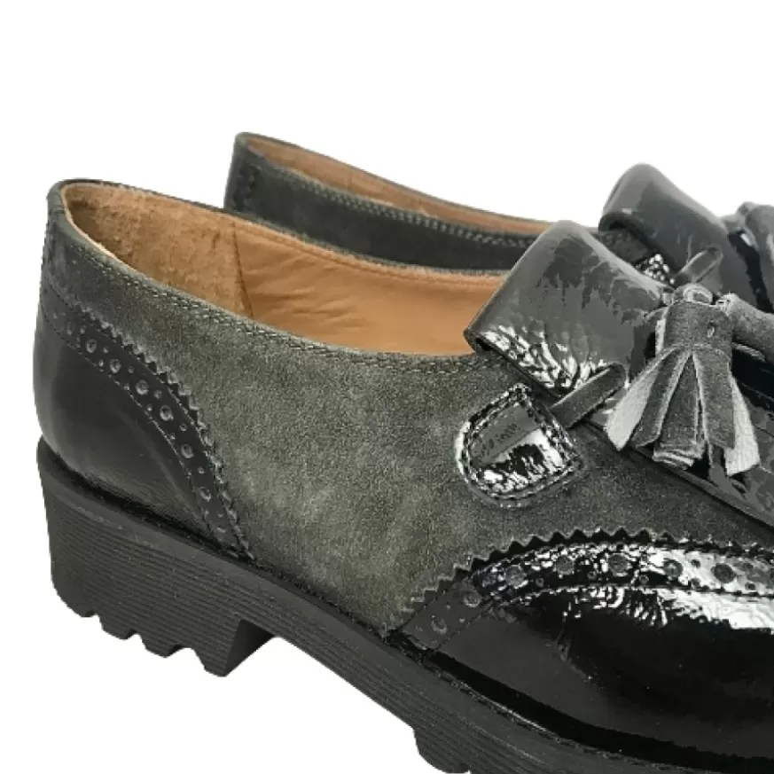 Donna CAMARRI CALZATURE Scarpe Donna | Mocassino Vernice Nera E Camoscio Antracite