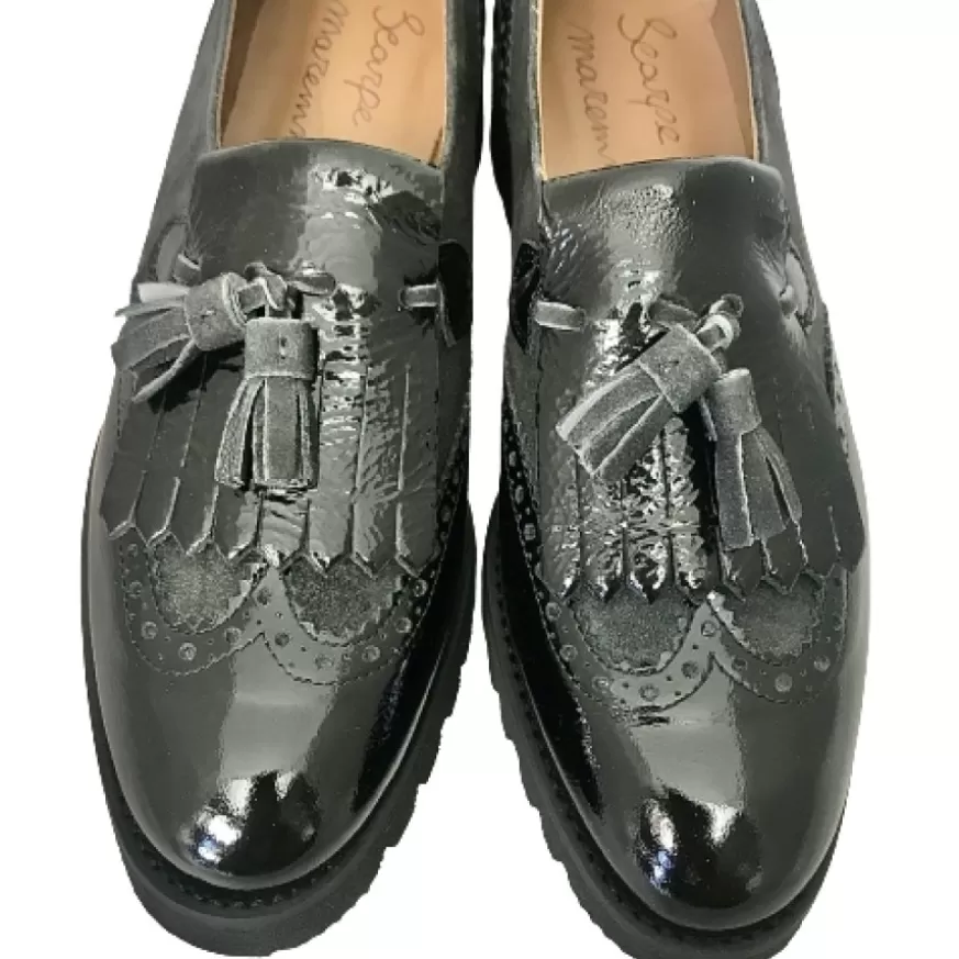 Donna CAMARRI CALZATURE Scarpe Donna | Mocassino Vernice Nera E Camoscio Antracite