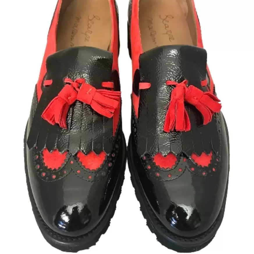 Donna CAMARRI CALZATURE Scarpe Donna | Mocassino Vernice Nera E Camoscio Rosso