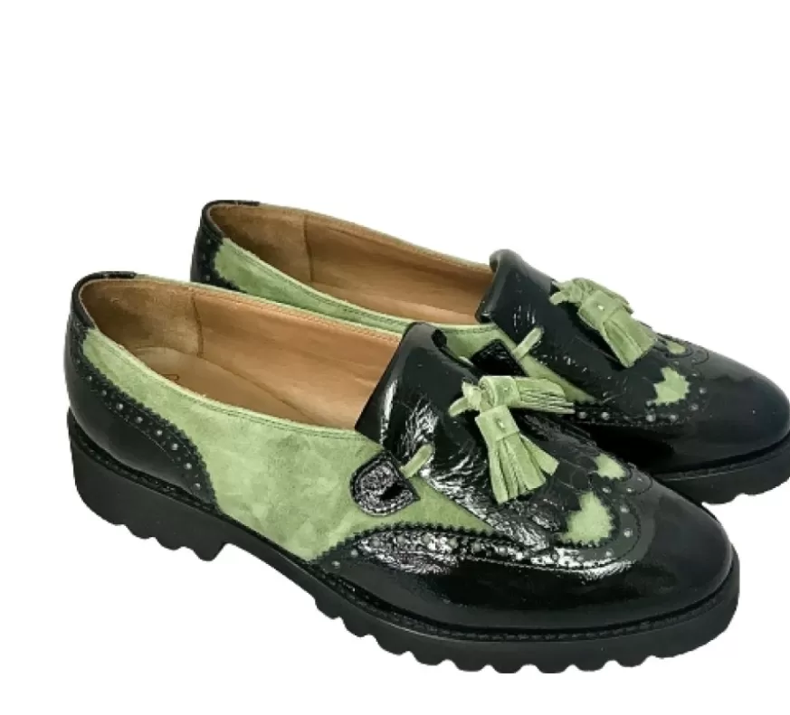 Donna CAMARRI CALZATURE Scarpe Donna | Mocassino Vernice Nera E Camoscio Verde
