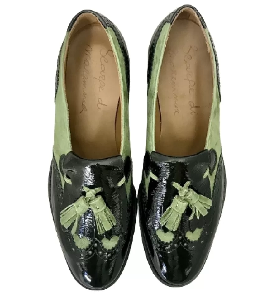 Donna CAMARRI CALZATURE Scarpe Donna | Mocassino Vernice Nera E Camoscio Verde