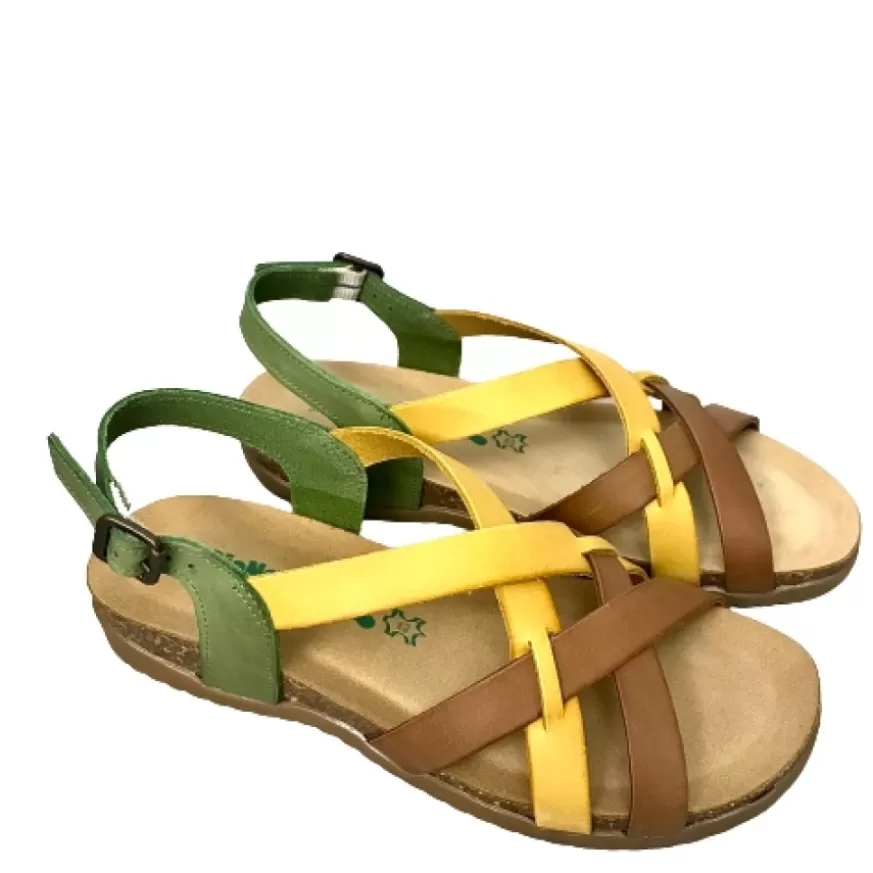 Donna CAMARRI CALZATURE Scarpe Donna | Sandalo Bionatura In Pelle Verde, Giallo, Marrone