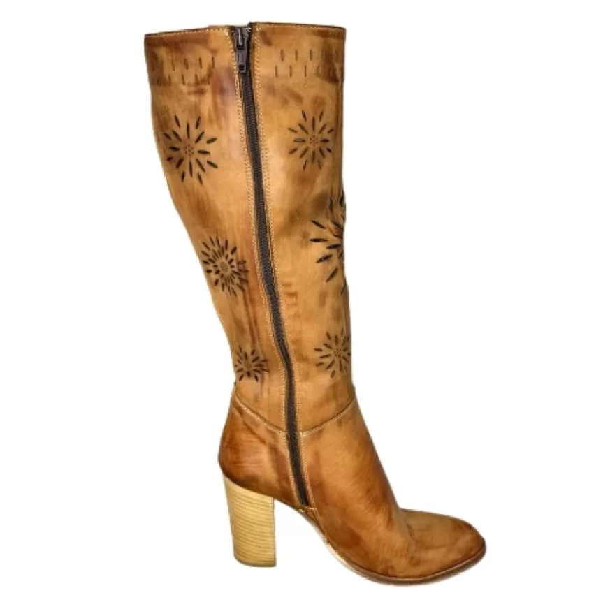 Donna CAMARRI CALZATURE Scarpe Donna | Stivale Artigianale Laserato Cuoio Spazzolato Con Tacco