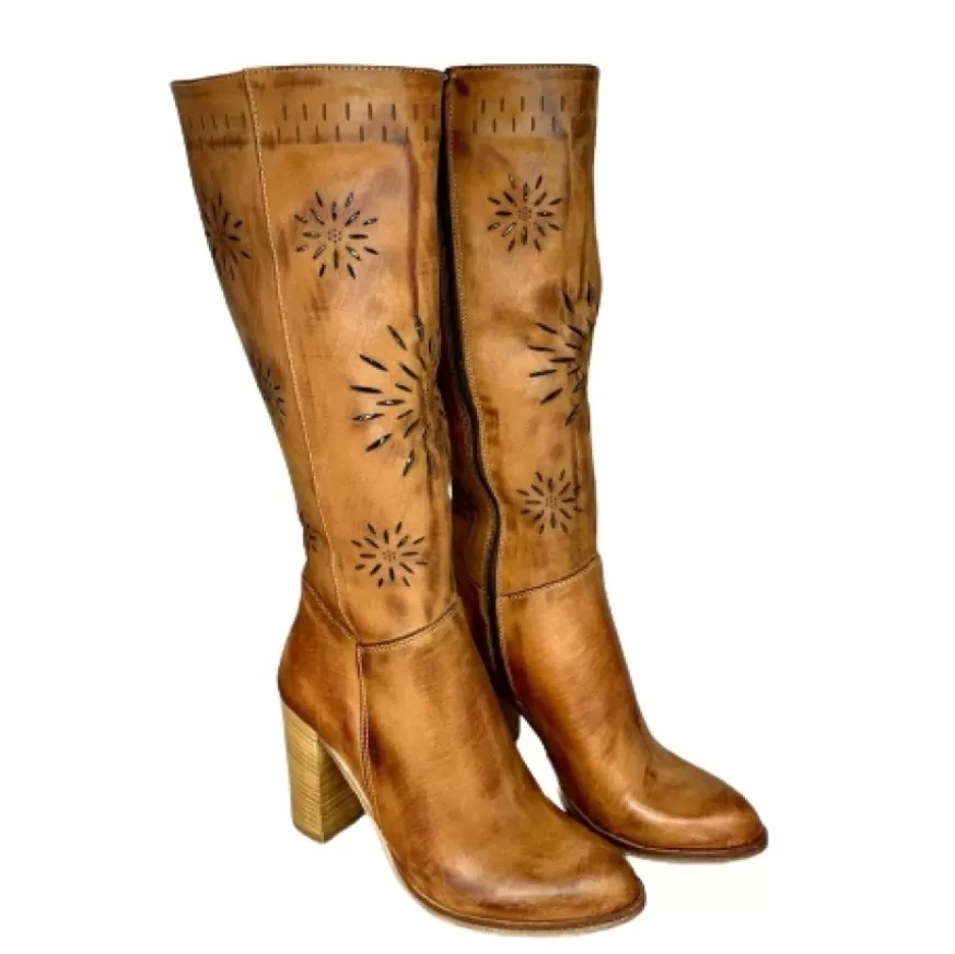 Donna CAMARRI CALZATURE Scarpe Donna | Stivale Artigianale Laserato Cuoio Spazzolato Con Tacco