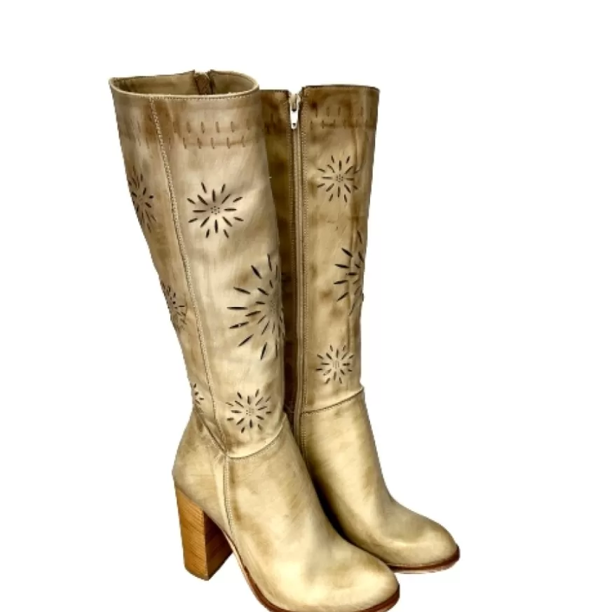 Donna CAMARRI CALZATURE Scarpe Donna | Stivale Artigianale Laserato Taupe Spazzolato Con Tacco