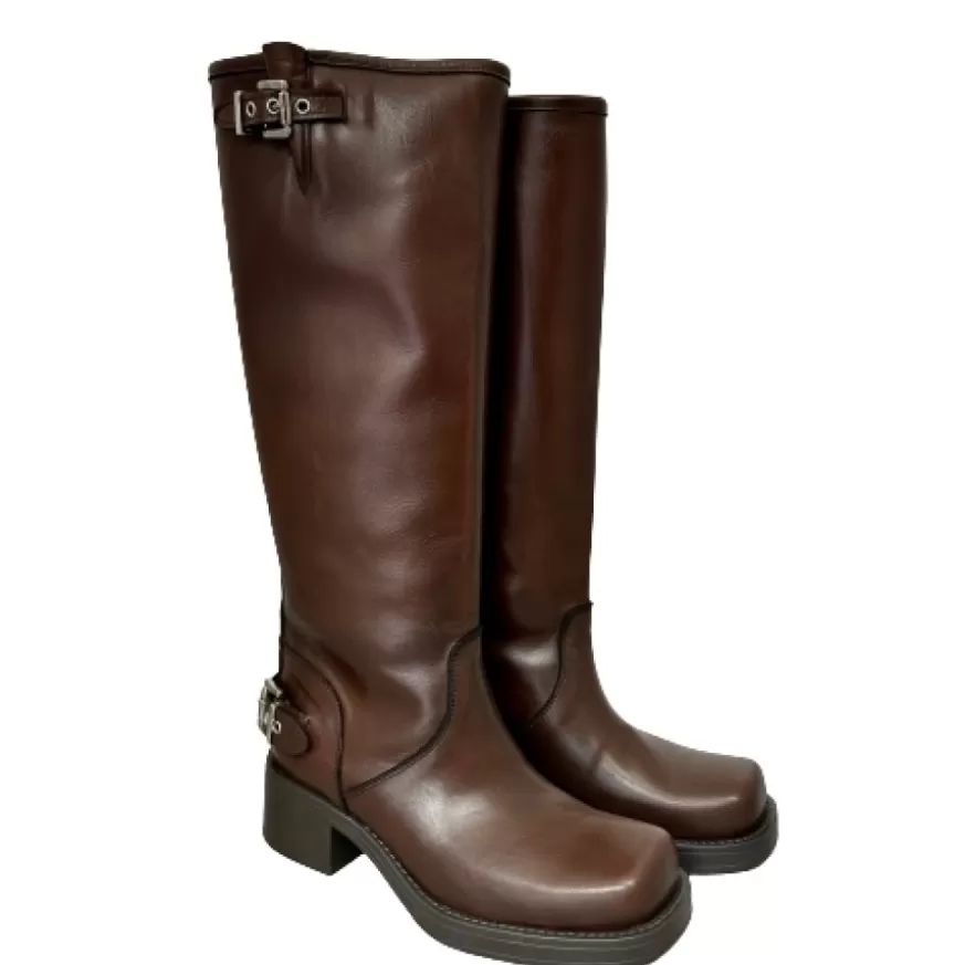 Donna CAMARRI CALZATURE Scarpe Donna | Stivale Biker Con Fibbie E Punta Squadrata Marrone