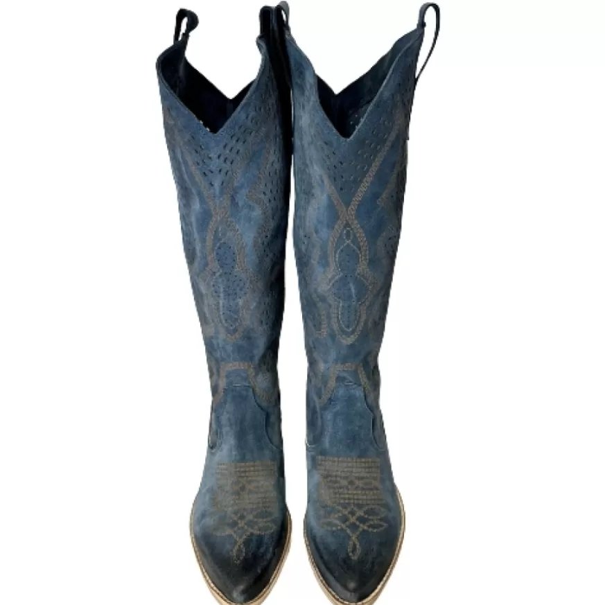 Donna CAMARRI CALZATURE Scarpe Donna | Texano Artigianale In Camoscio Laserato Blu Alto
