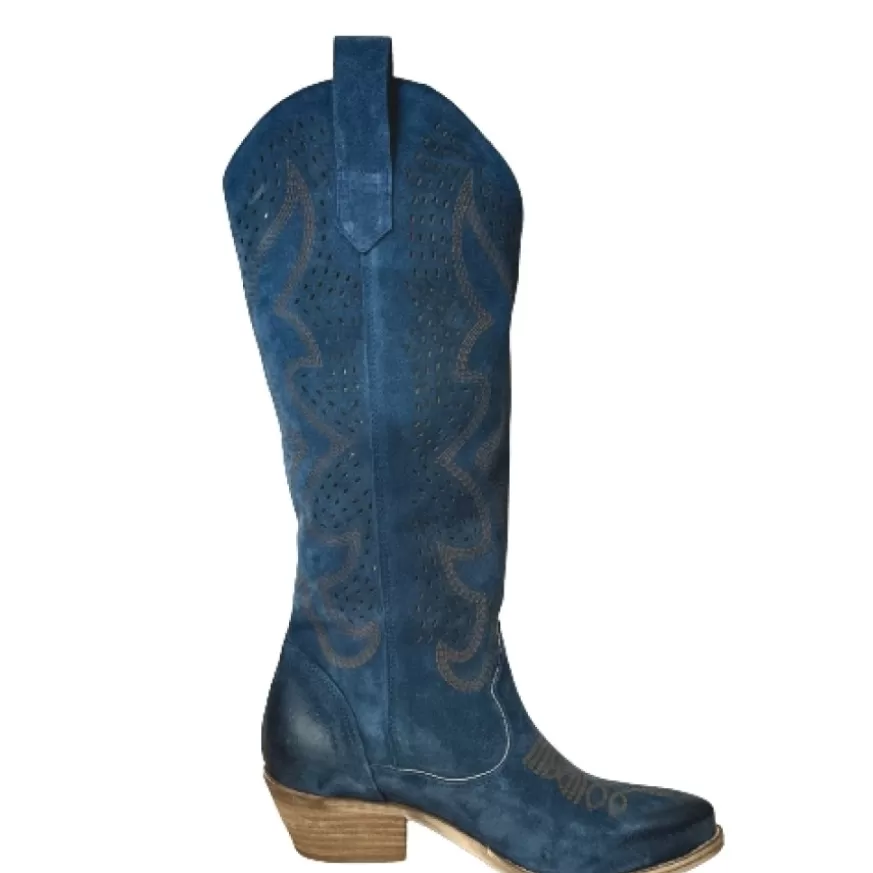 Donna CAMARRI CALZATURE Scarpe Donna | Texano Artigianale In Camoscio Laserato Blu Alto