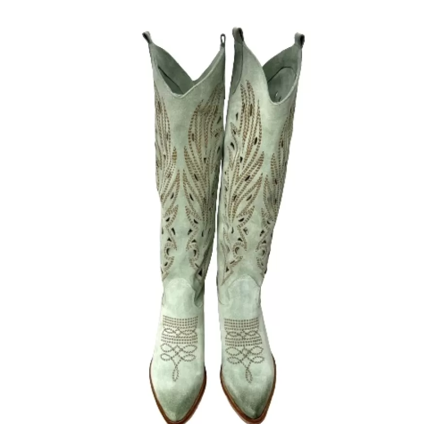 Donna CAMARRI CALZATURE Scarpe Donna | Texano Artigianale In Camoscio Laserato Salvia Alto