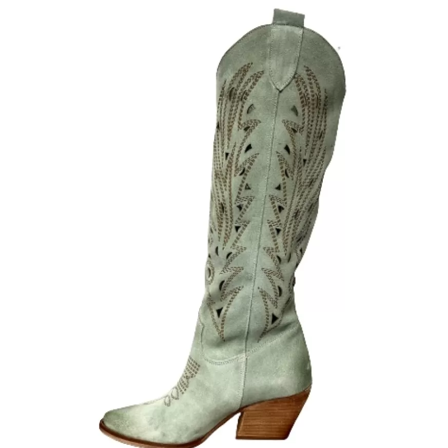 Donna CAMARRI CALZATURE Scarpe Donna | Texano Artigianale In Camoscio Laserato Salvia Alto