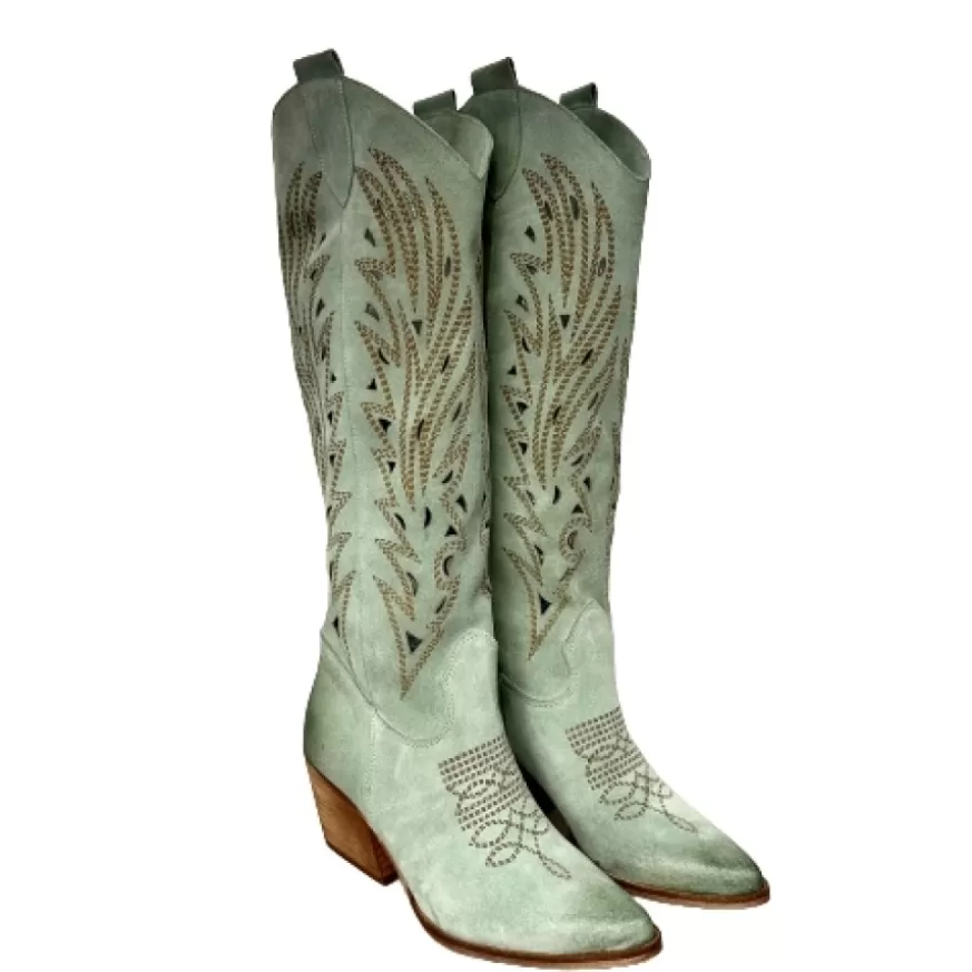 Donna CAMARRI CALZATURE Scarpe Donna | Texano Artigianale In Camoscio Laserato Salvia Alto