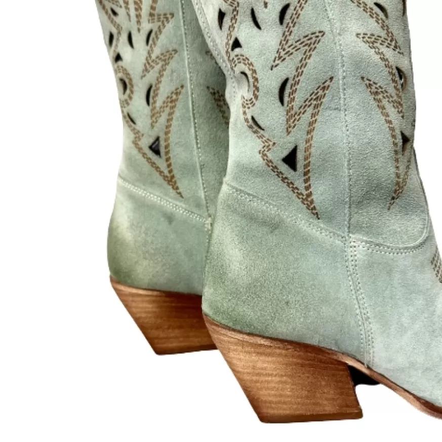 Donna CAMARRI CALZATURE Scarpe Donna | Texano Artigianale In Camoscio Laserato Salvia Alto