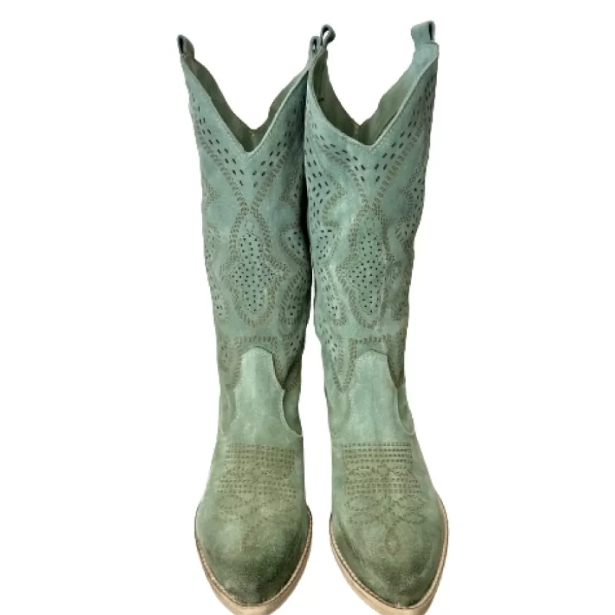 Donna CAMARRI CALZATURE Scarpe Donna | Texano Artigianale In Camoscio Laserato Salvia Medio