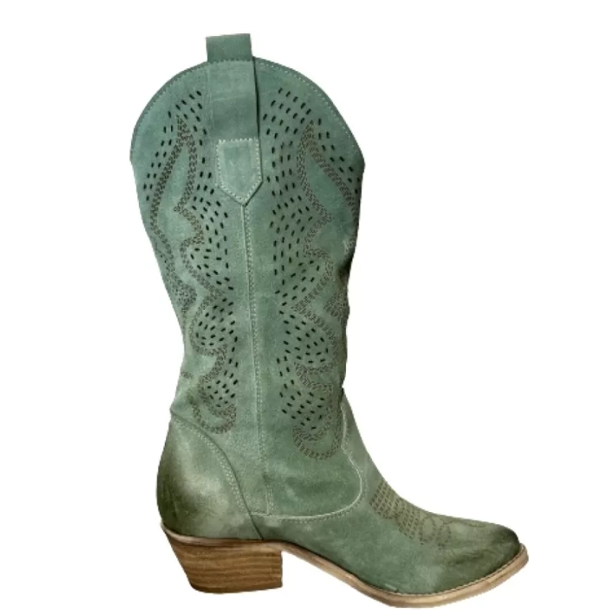 Donna CAMARRI CALZATURE Scarpe Donna | Texano Artigianale In Camoscio Laserato Salvia Medio