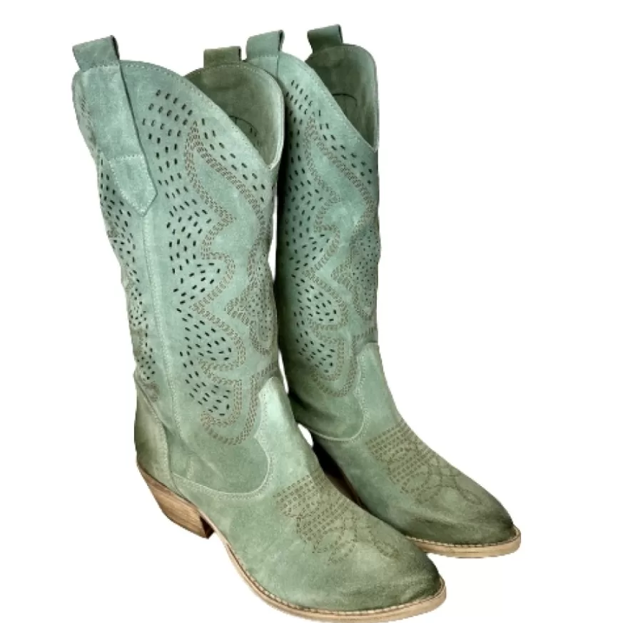 Donna CAMARRI CALZATURE Scarpe Donna | Texano Artigianale In Camoscio Laserato Salvia Medio