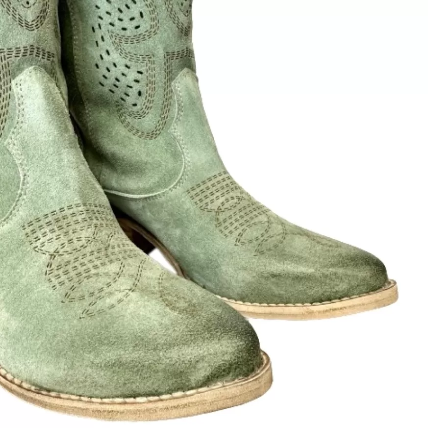 Donna CAMARRI CALZATURE Scarpe Donna | Texano Artigianale In Camoscio Laserato Salvia Medio