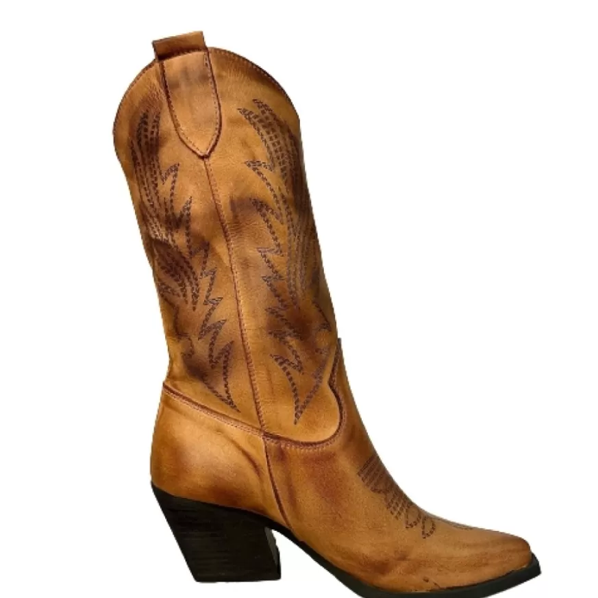 Donna CAMARRI CALZATURE Scarpe Donna | Texano Artigianale In Pelle Laserato Cuoio Medio