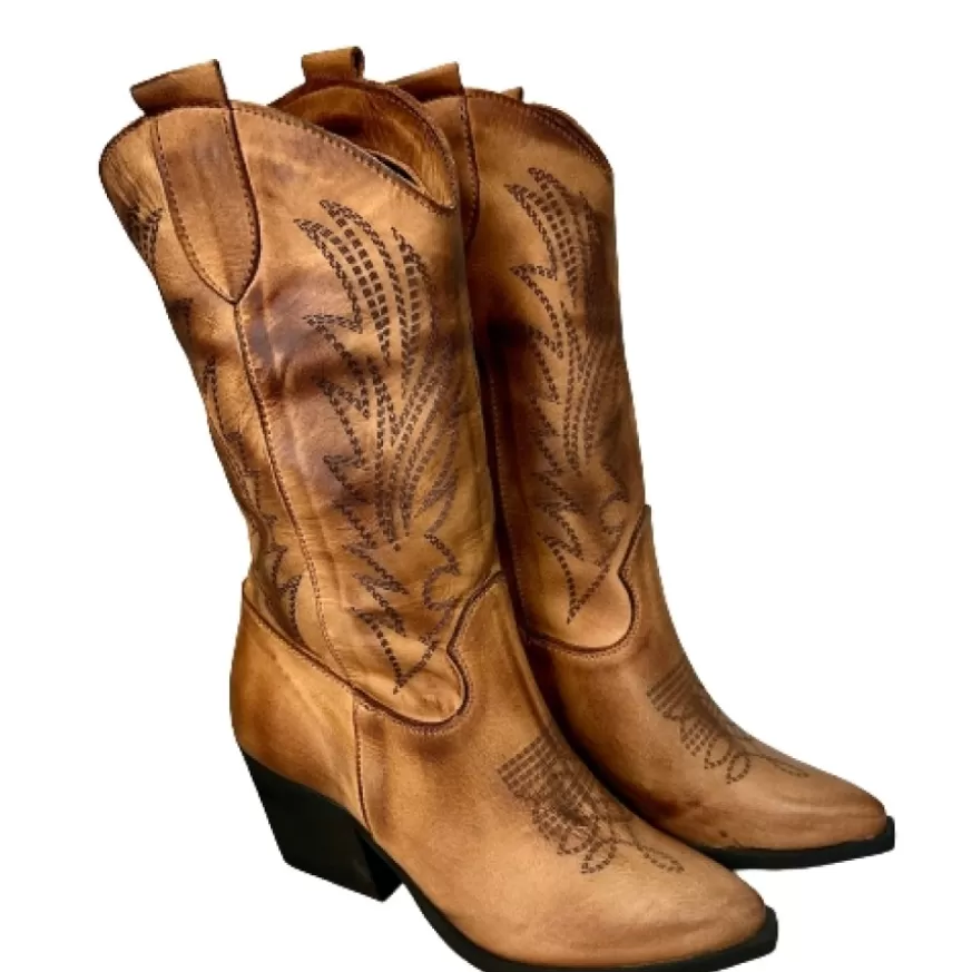 Donna CAMARRI CALZATURE Scarpe Donna | Texano Artigianale In Pelle Laserato Cuoio Medio
