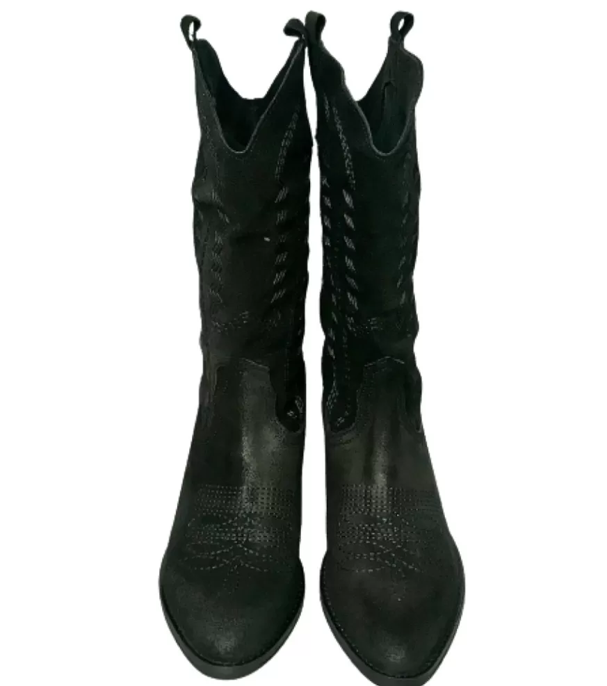Donna CAMARRI CALZATURE Scarpe Donna | Texano Artigianale In Pelle Nera Crosta Medio