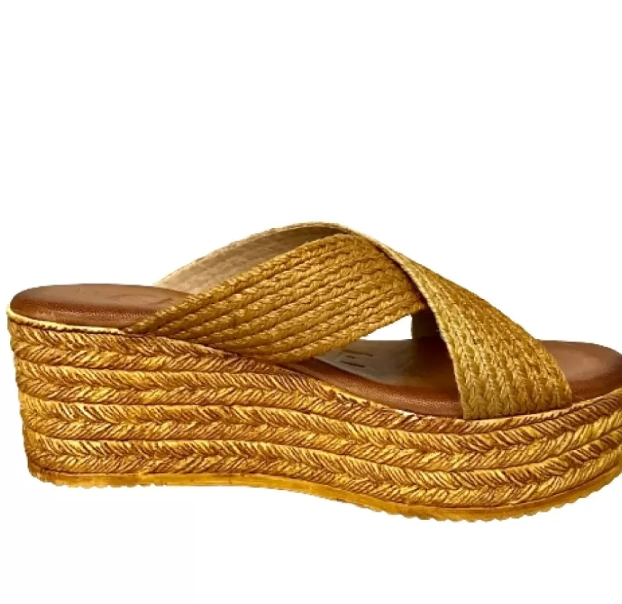 Donna CAMARRI CALZATURE Scarpe Donna | Zeppa Con Doppia Fascia In Rafia Senape