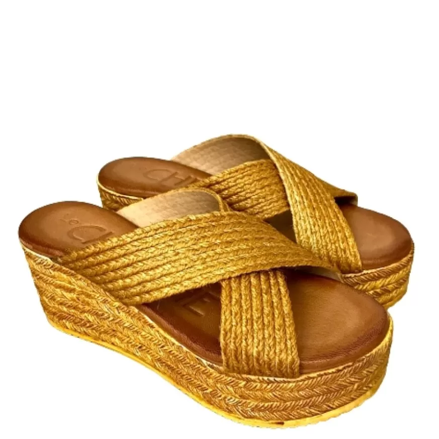 Donna CAMARRI CALZATURE Scarpe Donna | Zeppa Con Doppia Fascia In Rafia Senape