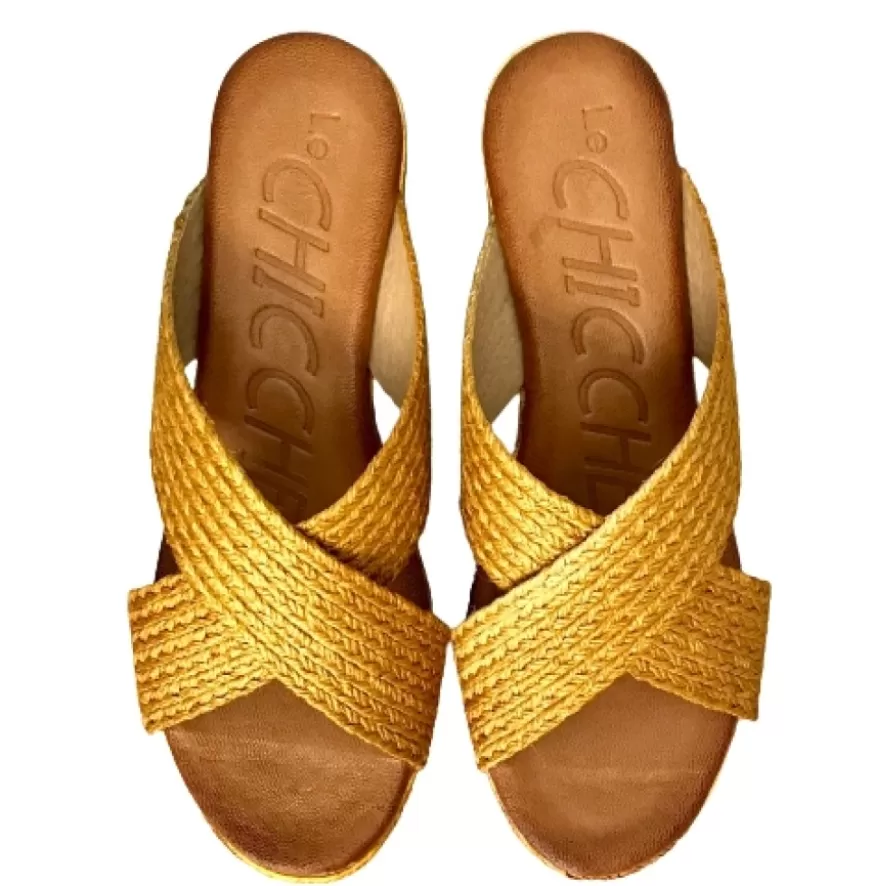 Donna CAMARRI CALZATURE Scarpe Donna | Zeppa Con Doppia Fascia In Rafia Senape