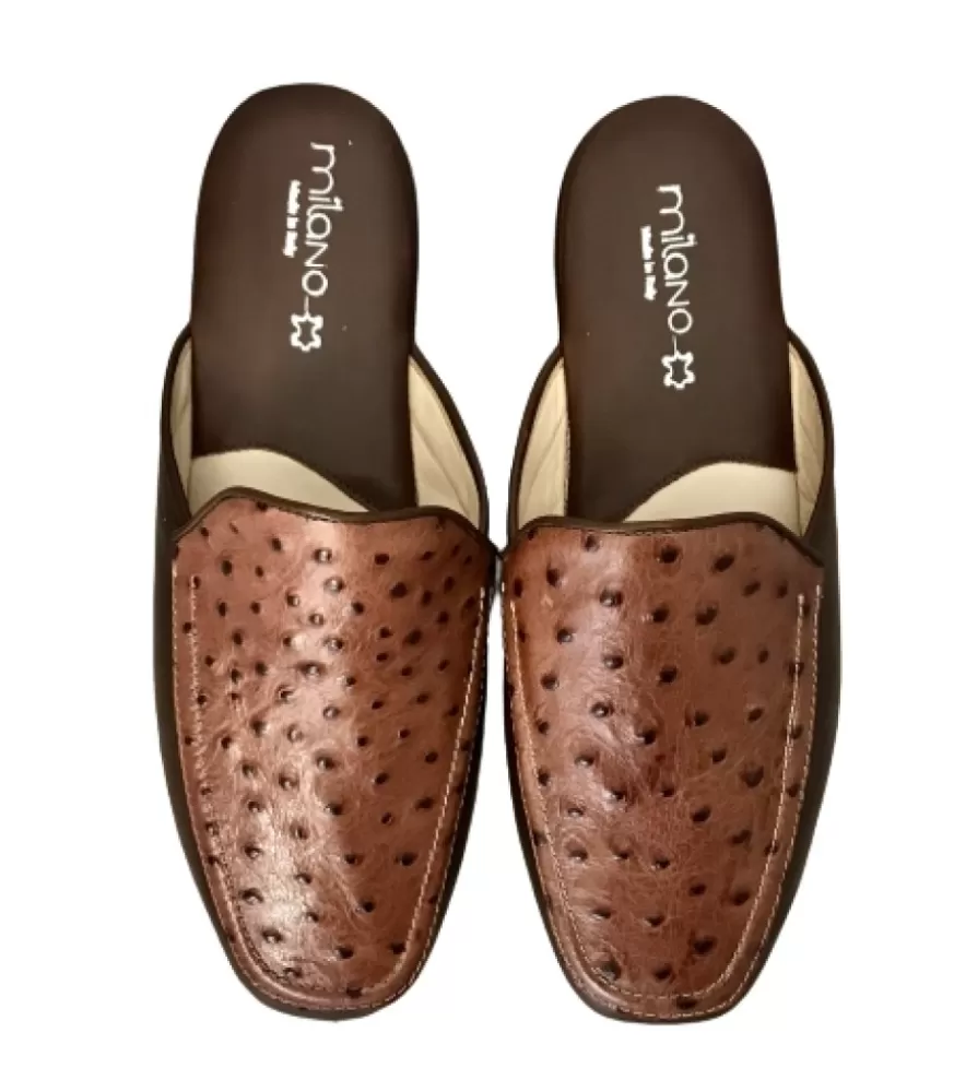 Uomo CAMARRI CALZATURE Scarpe Uomo | Ciabatta / Scendiletto In Pelle Di Struzzo Marrone
