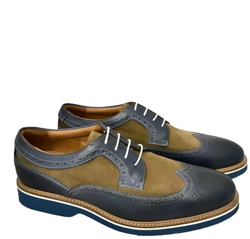 Uomo CAMARRI CALZATURE Scarpe Uomo | Stringata In Pelle Blu E Camoscio Sabbia