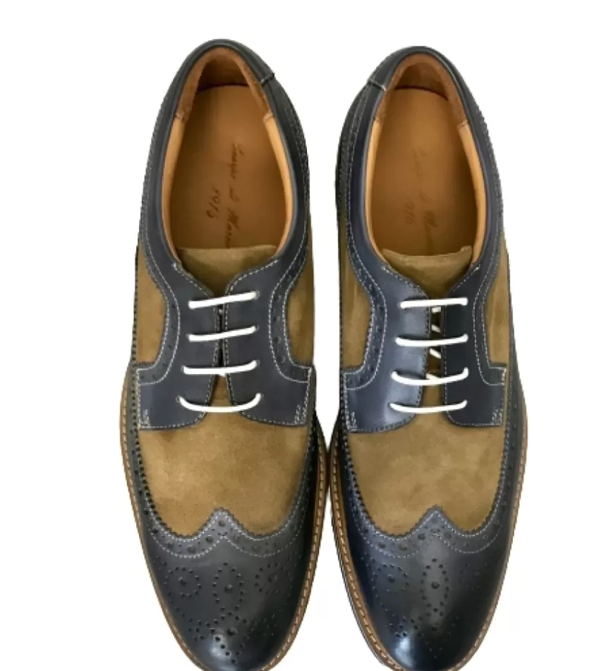 Uomo CAMARRI CALZATURE Scarpe Uomo | Stringata In Pelle Blu E Camoscio Sabbia