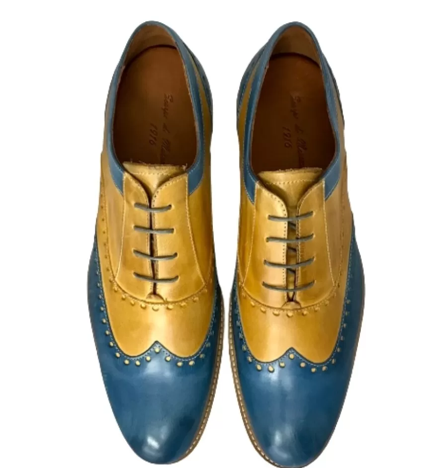 Uomo CAMARRI CALZATURE Scarpe Uomo | Stringata In Pelle Ocra E Azzurro