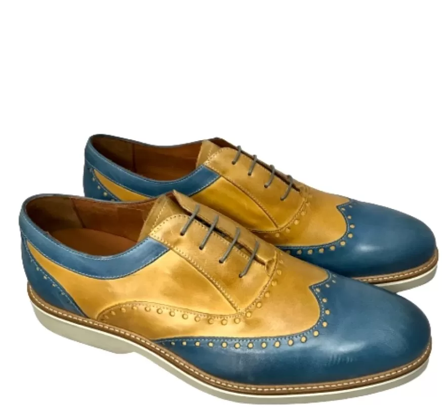Uomo CAMARRI CALZATURE Scarpe Uomo | Stringata In Pelle Ocra E Azzurro